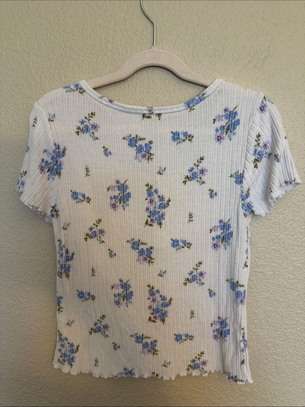Girl’s Floral Ribbed Henley Top - White with Blue Flower Print